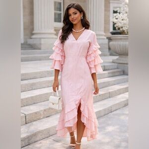 Gianni Bini,Lola Tango Dress,Pink/White Ruffle-Sleeve,High-Low Hem,Cotton Size S